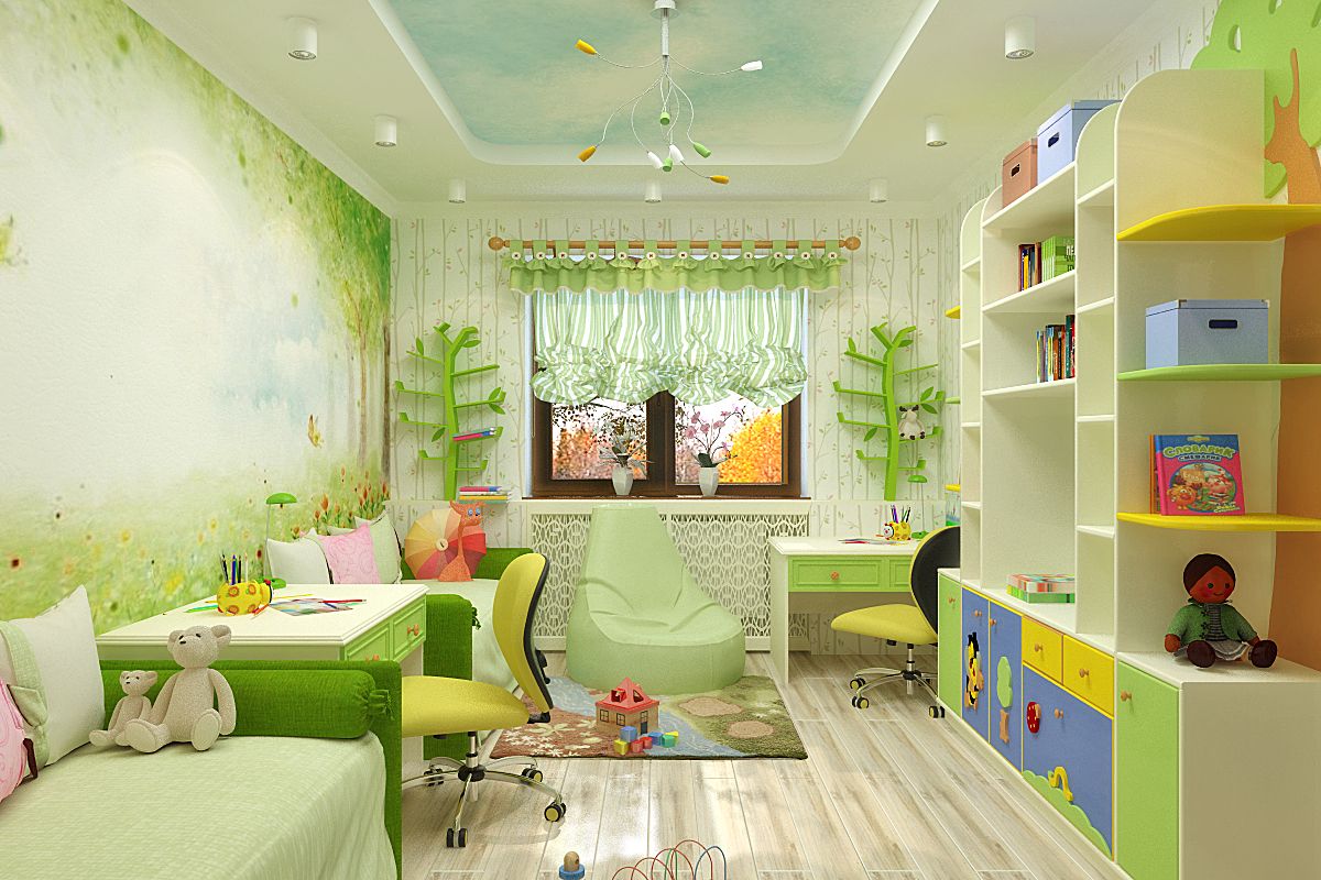 для двох дітей з різнобарвним зонуванням   Зелена кімната для двох дітей